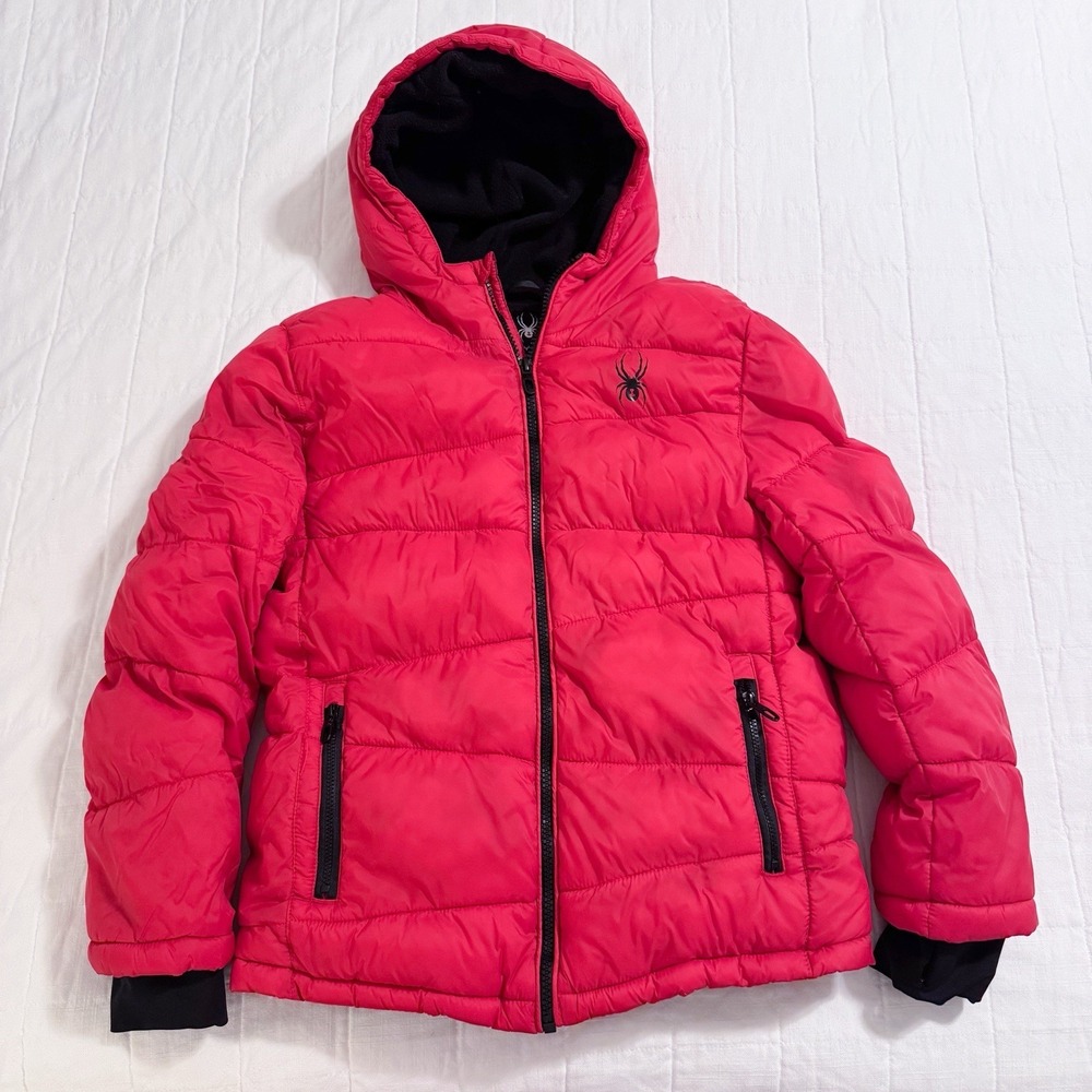 Spyder Jacket Youth Medium 10/12 Red Hooded Puffer Zip Ski Snow Winter Kid